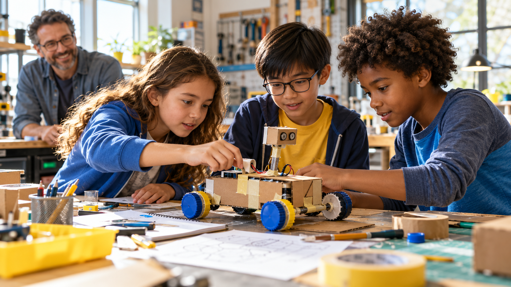 Children collaborating on a cardboard rover at a workshop